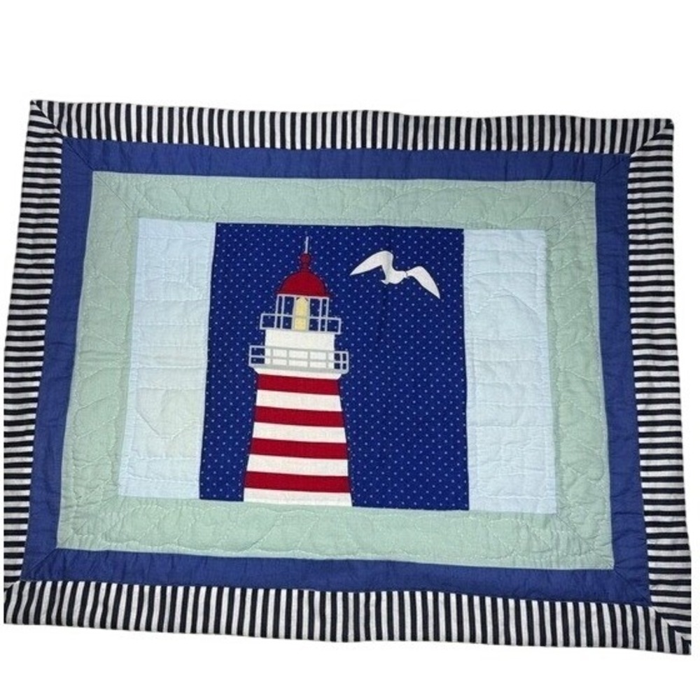 Keeco Lighthouse Quilted Pillow Sham Blue Red Nautical Coastal Standard 29x23